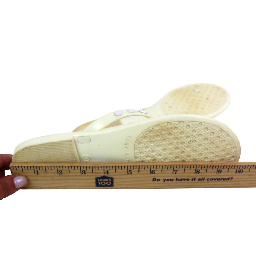 Tory Burch OF WHITE PVC FLAT BEACH SHOES FLIP FLOPS TONG SANDALS Sz 8